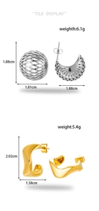 Detail view of steel mesh earrings and golden irregular hoops with precise dimensions