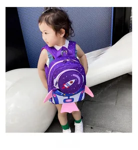 Detail view of purple rocket toddler backpack with safety leash for little girls