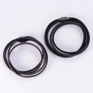 Multilayer braided leather bracelets in black and brown with magnetic metal clasps