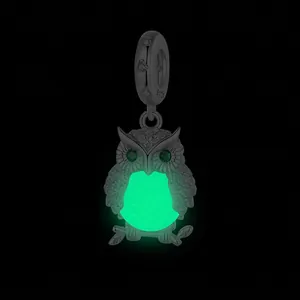 Glow-in-the-dark S925 sterling silver owl charm pendant with green gemstone eyes and black finish