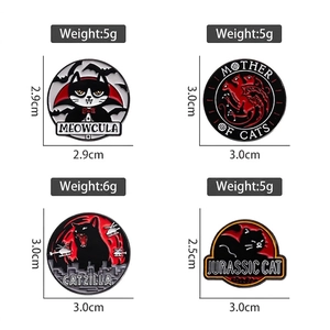 Set of four dark humor cartoon cat enamel pins including Catzilla and Jurassic Cat