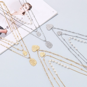 Multilayer Necklace And Earrings Jewelry Set Stainless Steel Faux Artificial Pearl Hammered Heart Pendant Layered Stylish For Women