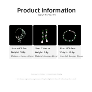 Detailed size chart for emerald zircon necklace earring and bracelet jewelry set