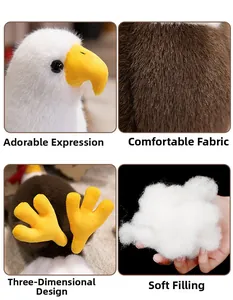 Detailed views of bald eagle plush toy showing realistic beak, soft fur and 3D claws