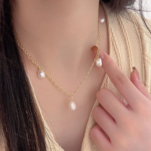 Minimalist 925 sterling silver gold chain necklace with irregular baroque pearls for women