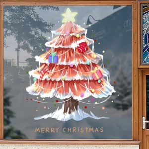 Sticker sapin de Noël rouge et texte Merry Christmas pour décoration de vitres