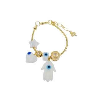 18K gold plated chain bracelet with Hamsa Hand and Evil Eye charms on white background