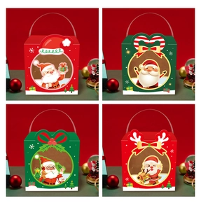 Detail view of 4 Christmas gift boxes with windows and festive cartoon Santa illustrations