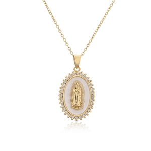 Macro view of 18K gold plated Virgin Mary pendant with white enamel and cubic zirconia