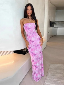 Elegant floral print tube maxi dress in purple and pink with a slim fit silhouette