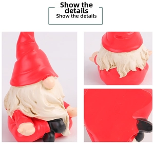 Detailed close-up of resin yoga gnome figurine showing red hat and beard texture