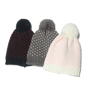 Heart Pattern Jacquard Knit Beanie Hat With Pom-Pom Winter Warm Ribbed Cuff Soft Skull Cap Trendy Casual For Women