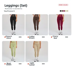 Detail der High-Waist-Yoga-Leggings mit überkreuzter Taille und Seitentaschen in fünf Farben