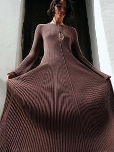 Slim fit long sleeve knit dress in dark brown with elegant flared hemline