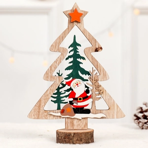 Christmas wooden tabletop tree ornament with Santa Claus and orange star on a round base