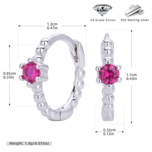 Detailed size parameters and macro view of 925 sterling silver earrings with purple zircon