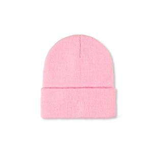 Close-up of bright pink knitted beanie featuring ribbed texture and cuffed warm design