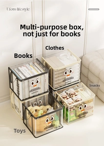 Close-up of clear foldable storage bag with side handle and cute cartoon design for books