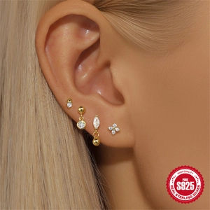 S925 sterling silver gold ear stud set with geometric diamond patterns on model