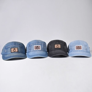 Unisex washed denim short brim baseball caps in four colors with vintage patch and metal ring