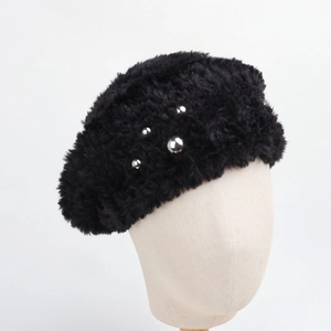 Chic black faux rabbit fur beret with silver beaded accents for winter warmth and style