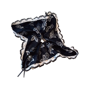 Vintage black floral scrunchie with lace trim and elegant pearl detail for women