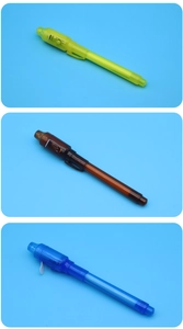 Detailed view of yellow brown and blue magic pens with integrated UV light and battery case