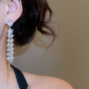 Close-up of dangling silver tassel earrings with zircon crystals worn by a model