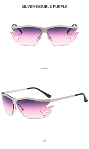 Detail view of flame-shaped rimless sunglasses with silver metal frame and purple lenses