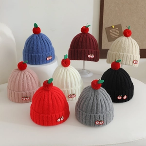 Toddler winter knit hat with apple pom-pom available in eight colorful striped styles