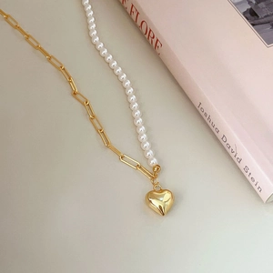 French style 925 silver paperclip chain necklace with pearls and gold heart pendant