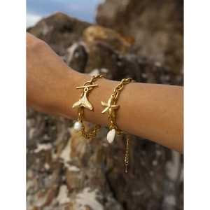 18k gold starfish and whale tail charm bracelet set with natural shell and pearl decor