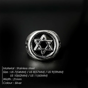 Roestvrijstalen ring met hexagram ster en adelaarskop ontwerp op zwarte achtergrond