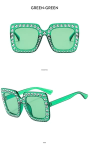 Front and side view of green square glitter sunglasses with sparkling rhinestones