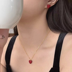 Retro Heart Necklace And Earrings For Women Copper Gold Plated With Red Zircon And Silver Earring Post Minimalist Jewelry