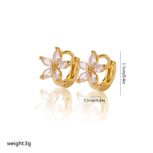 Detail view of 1.1cm gold flower hoop earrings with zircon petals on white background