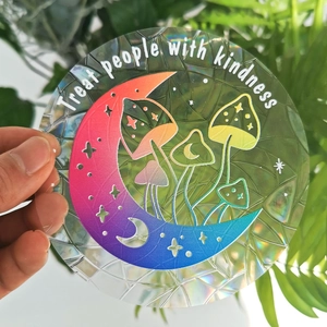 Rainbow holographic suncatcher decal featuring crescent moon and mushrooms design