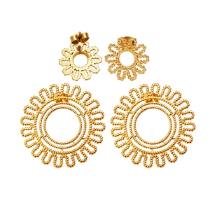 Golden stainless steel earring set featuring sunburst studs and hollow circular designs