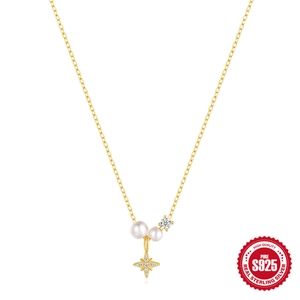 925 Sterling Silver Necklace With Artificial Pearl And Eight Pointed Star Pendant Zircon Elegant Gold Plated Jewelry For Women