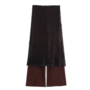 Women Elegant Intellectual Style Fake Layered Lace Splicing Trousers Polyester Mid Waist Straight Leg Long Bottom