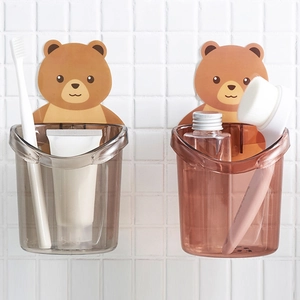 Cute Cartoon Bear Wall Mounted Toothbrush Holder Plastic Bathroom Storage Cup Punch Free Adhesive Drainage Cup For Toothbrush