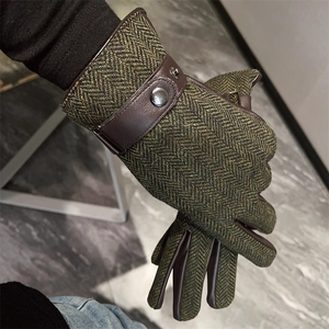 Men's olive green herringbone gloves with brown leather strap and warm fleece lining