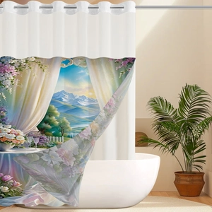 Detail of digital print shower curtain with mountain landscape and metal grommets