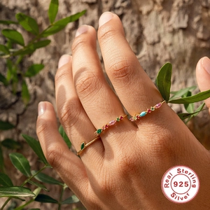 Bohemian S925 sterling silver gold ring set with colorful marquise stones on model hand
