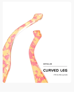 Detail of curved eyeglass legs with yellow and pink marble texture for snug auricle fit