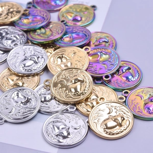 DIY fox and moon relief circular pendants in gold, silver, and rainbow steel