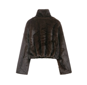 Detail view of the back of a dark brown faux fur jacket with high collar and elastic hem