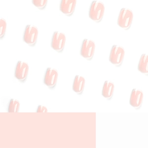 Short round nude pink press-on nails with white French tips in a grid layout