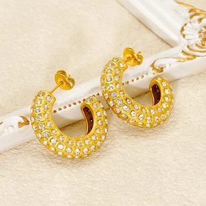 Boucles D'oreilles Créoles Épaisses En Forme De C De Luxe Français Pour Femmes En Acier Inoxydable Plaqué Or Avec Strass Pavés