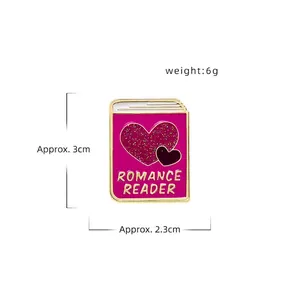 Pink Romance Reader enamel pin book badge with glitter hearts and gold finish